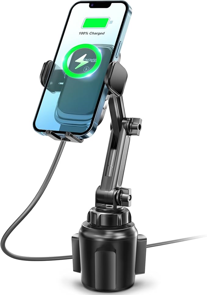 [Upgraded] TOPGO Cup Phone Mount Wireless Charger,Universal Cell Phone Holder Car Charger Wireless-Charger-Cup-Phone-Holder Fast Charging for iPhone16/16 Pro/16 Pro Max, Samsung Galaxy - Black