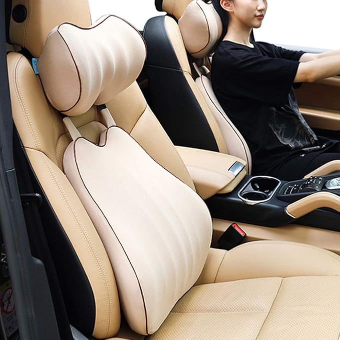 Car Lumbar Support Back Cushion & Headrest Neck Pillow Kit Cushion Memory Foam Universal Fit Major Car Seat with Back Pain Relief for Car Office Home 1PCS Beige