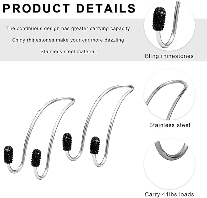 2PCS Car Headrest Hook, Bling Diamond Auto Hooks Stainless Steel Backseat Hangers, Universal Rhinestone Cute Seat Back Organizer Hanger for Purse Bag Clothes, Car Accessories (Black)