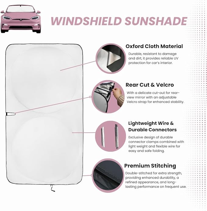 Windshield Sun Shade for Tesla S | Certified 99.87% UVB & 99.02% UVA Protection Car Sun Shade. Award Winning Sunshade for Car Windshield with Patented Technology. Car Window Shades by Kinder Fluff