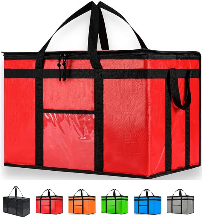 NZ home Insulated Bags for Food Delivery (3XL PRO) Grocery Shopping Cooler Bag, Pizza Delivery, Hot & Cold Catering Tote, Reusable, Foldable & Heavy Duty (Red)