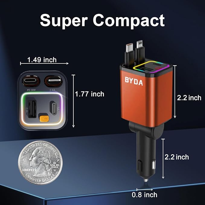 4 in 1 Retractable Car Charger,69W Cigarette Lighter Charger,USB C Fast Car Charger for iPhone 17 Pro Max 16 15 14 13 12 11 (for Apple+Type C &RGB Breathing Light [Orange])