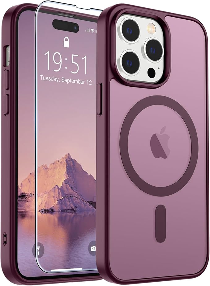 SUPFINE Magnetic for iPhone 14 Pro Max Case with Screen Protector (Compatible with MagSafe) (Military Grade Drop Protection) Translucent Matte Shockproof with Anti-Fingerprint Phone Case,Wine Red