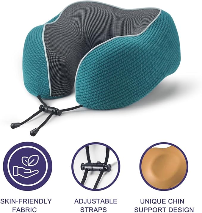 napfun Neck Pillow for Traveling, Upgraded Travel Neck Pillow for Airplane 100% Pure Memory Foam Travel Pillow for Flight Headrest Sleep, Portable Plane Accessories, Teal Striped Kit