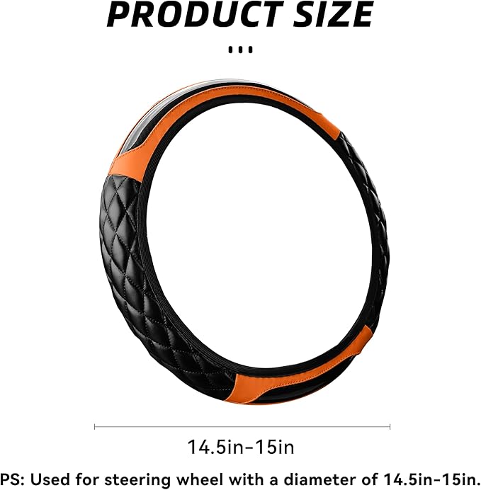 Car Steering Wheel Cover, 14.5-15inch Leather Anti-Slip Car Wheel Cover Protector, Safety Comfortable Desgin, Universal Auto Steering Wheels Accessories for Cars Truck SUV (Orange)