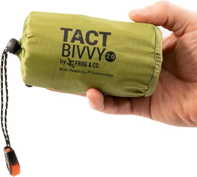 Survival Frog Tact Bivvy 2.0 Emergency Sleeping Bag with Stuff Sack, Carabiner & Survival Whistle – Compact, Lightweight, Waterproof, Reusable Thermal Bivy Sack Shelter Kit