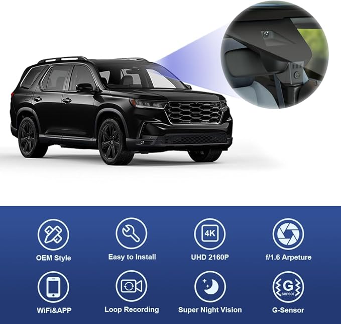 Fitcamx 4K Dash Cam Suitable for Honda Pilot 2023 2024 2025 EX-L Touring Elite Sport Trailsport LX Black Edition, OEM Look, UHD 2160P Video, WiFi & APP, Loop Recording, G-Sensor, Plug&Play, 64GB Card