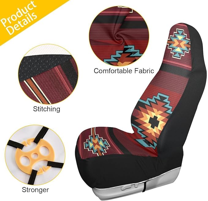 Native American Tribal Car Seat Covers Set of 2,Southwest Native Aztec Red Print Navajo Design Universal Auto Front Seat Cushion Protector for Women Men Cute Car Accessories Fit for Car Truck