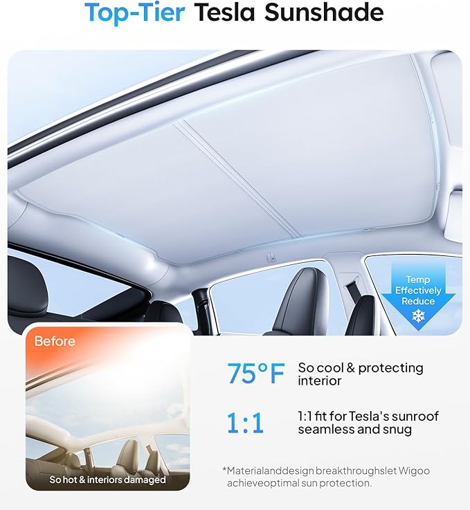 Wigoo 2026 Tesla New Model Y Juniper Accessories Sunshade Roof [Never Sag, Nano Ice-Crystal Coatings] 3-Gen Heat Insulation Glass Roof Sun Shade, Accessories for Tesla Juniper Model Y, Interior Gray