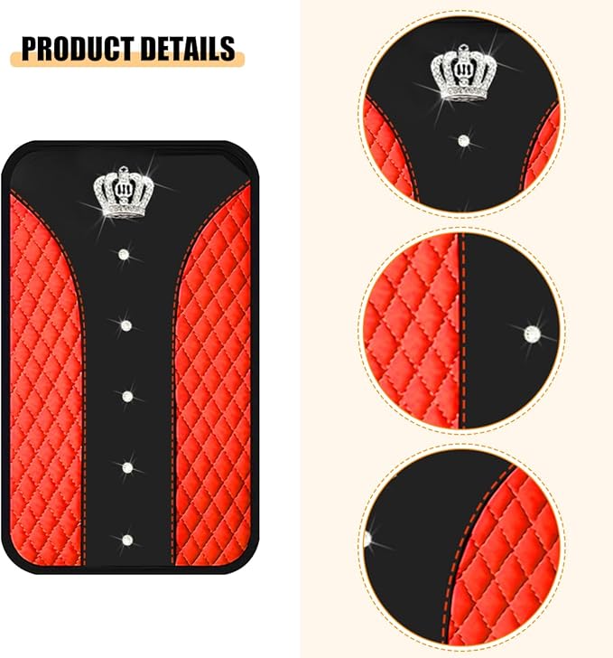 Bling Car Center Console Cover, Crown Crystal Rhinestones Vehicle Armrest Mat Protector, Anti Slip Sparkling Automotive Arm Rest Seat Box Cushion Pad Decor Accessories, Universal Fit (Red)