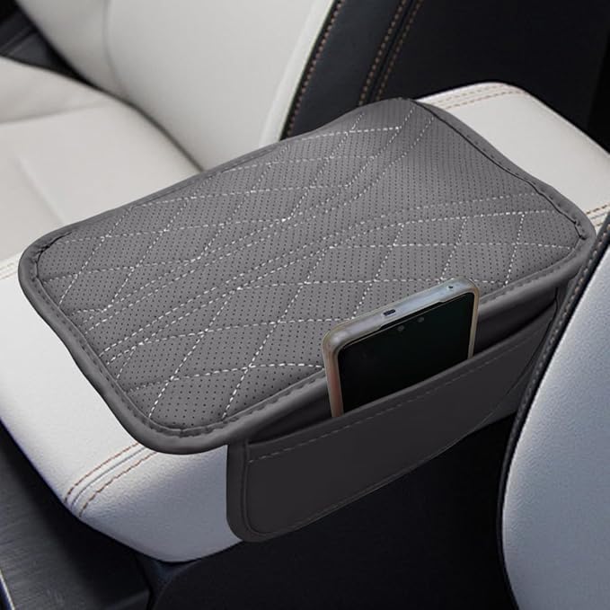 Car Center Console Cover with 2 Storage Bags - Leather Car Armrest Cushion Pad Vehicle Middle Console Cover, Universal Armrest Seat Box Protector Auto Interior Accessories for SUV, Truck, Sedan (Gray)
