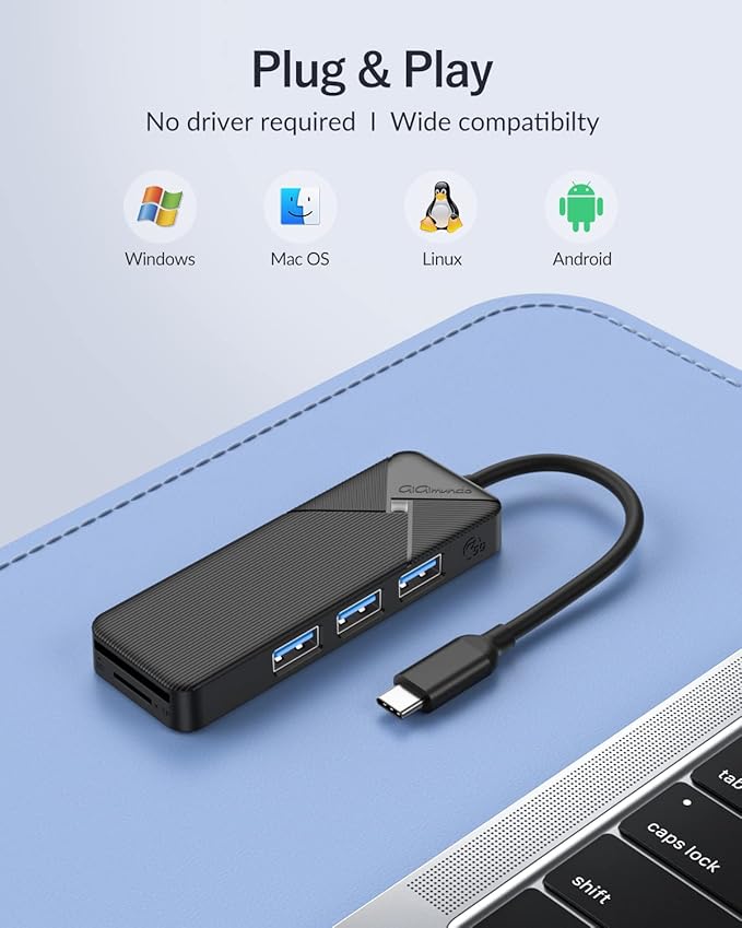 GiGimundo USB C Hub for Laptop, 4 Ports USB Hub 3.0 with SD Card Reader, USB C to USB Hub Multiport Adapter 5Gbps Transfer for Laptop, MacBook, iPad, Dell, Chromebook, Keyboard, Mouse, Black