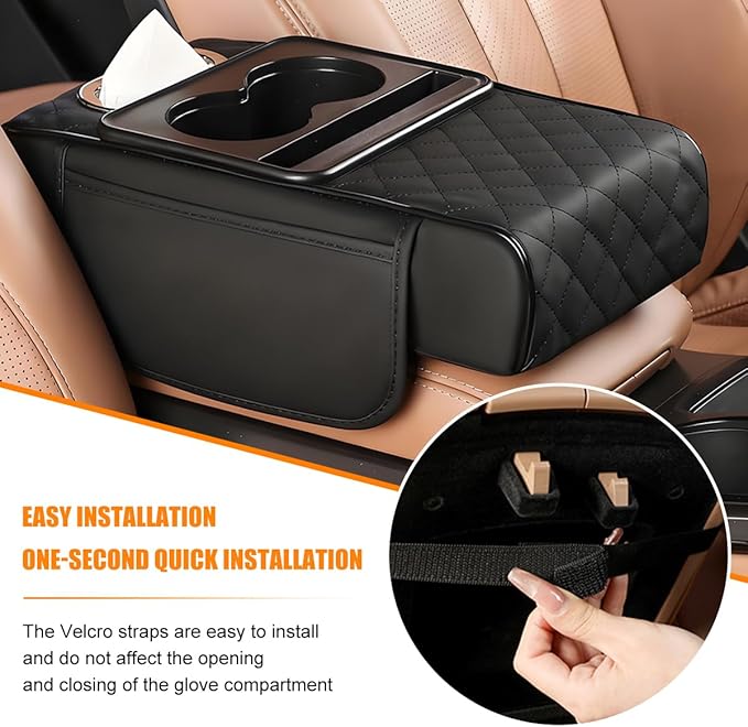 Car Armrest Cushion, 5-in-1 Nappa Leather Vehicle Centre Console Cover with 2 Storage Pockets, Cup Phone & Phone Holder, Multifunctional Auto Organiser Accessories, Universal Fit (Black)