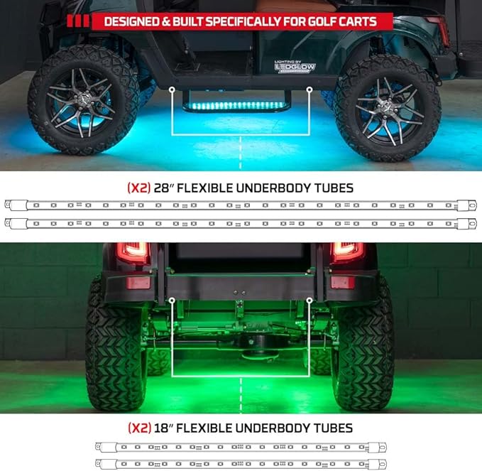 LEDGlow 4pc Million Color LED 4-Seater Golf Cart Underglow Accent Neon Lighting Kit Fits EZGO, Yamaha, Club Car, ICON, Evolution, Tomblerin, Star EV - for 12-Volt Battery - Water Resistant Flex Tubes