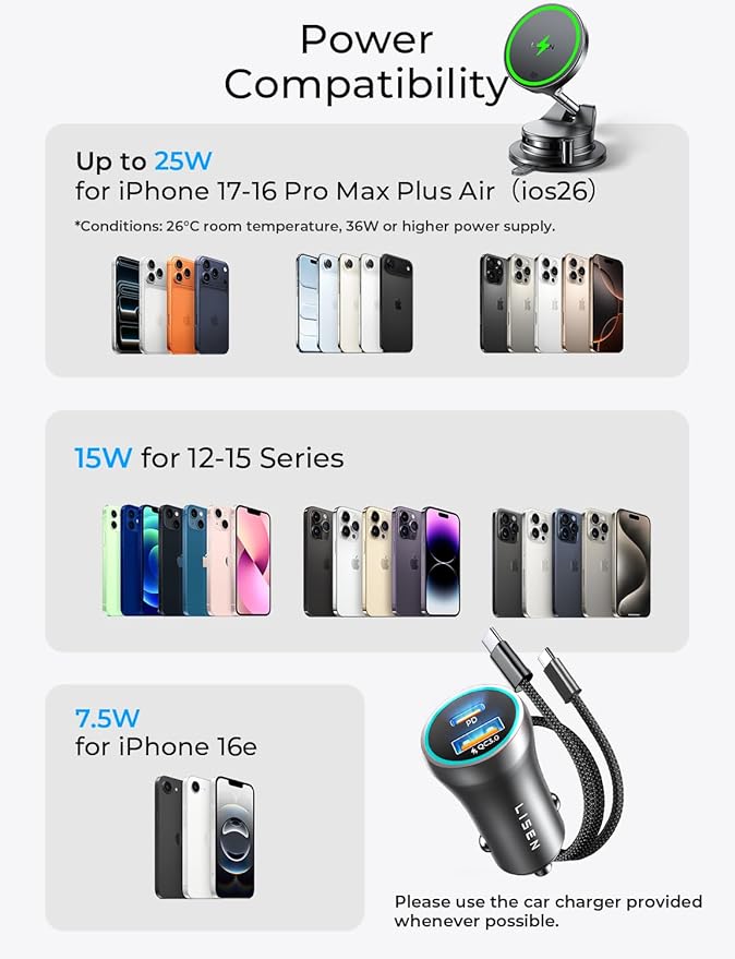 LISEN Qi2.2 25W Magsafe Car Mount Charger,[More Stable & Faster Charging] Suction Cup Phone Mount, Wireless Car Charger 25W Magnetic Car Phone Charger for iPhone 17 16,15W for iPhone 17e 15 14 13 12