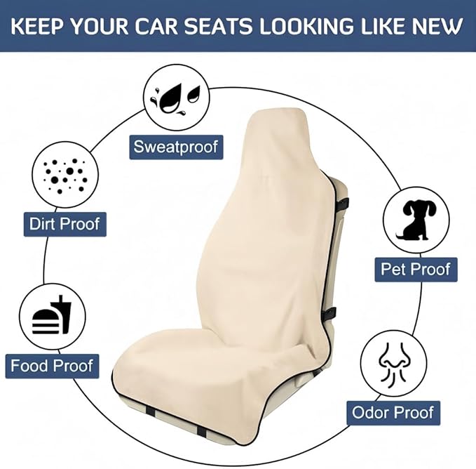 Car Seat Cover, Premium Auto Seat Towel Fit Cars SUV Trucks, Ideal Gift for Active People Who Work Sweat Swim Run Beach, Tan
