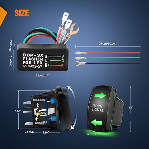 Nilight Turn Signal Switch with Flasher Relay Kit 4PIN ON Off ON Rocker Switches w/Green LED Laser Etched SPDT 12V 20A 24V 10A Jumper Wires for ATV UTV Tractor Motorcycle