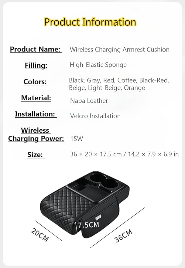 Car Armrest Pad with Built-in Induction Charging, Leather Center Console Cushion with 15W Power Pad, Dual Cup Holders, Storage Pockets - Grey