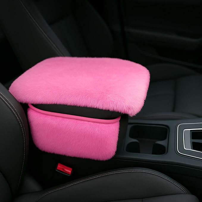Fluffy Car Armrest Cover with Side Pockets – Plush Fuzzy Fur Center Console Armrest Cushion Pad, Universal Winter Car Interior Protector, Soft Arm Rest Cover with Storage for Women & Men (PINK)