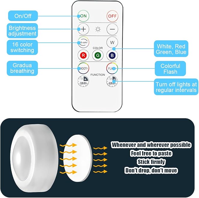 6PCS Wireless Car Interior Led Lights with Remote Control, 16 Colors Vehicle Puck Lamps, Rechargeable Ambient Inside Night Lighting Kit Decoration, Universal Automotive Accessories