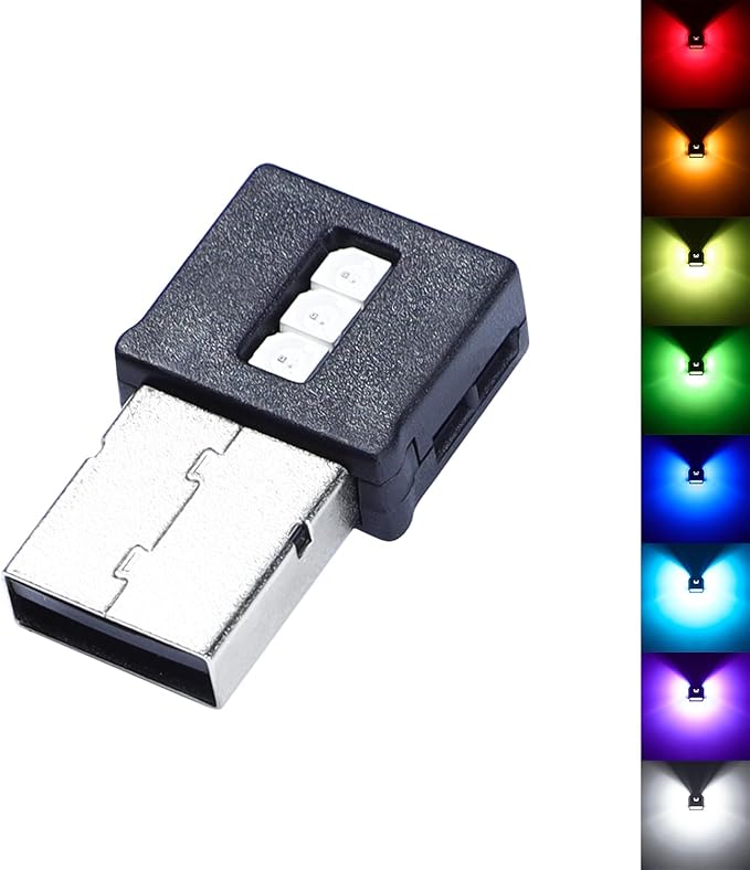 Lcyam Three Sides Emit Light USB Type-A Car LED Ambient Light 7Leds RGB Atmosphere Lamp, Interior Dimmable Mood Lighting for Cars/SUV/Trucks
