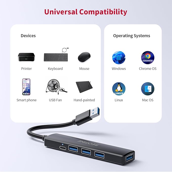 5-Port Powred USB 3.0 Hub,USB Hub Splitter,Portable USB Adapter Mini Multiport Expander for Desktop, Laptop, Gamepad,U Disk, Printer, Mouse, Keyboards