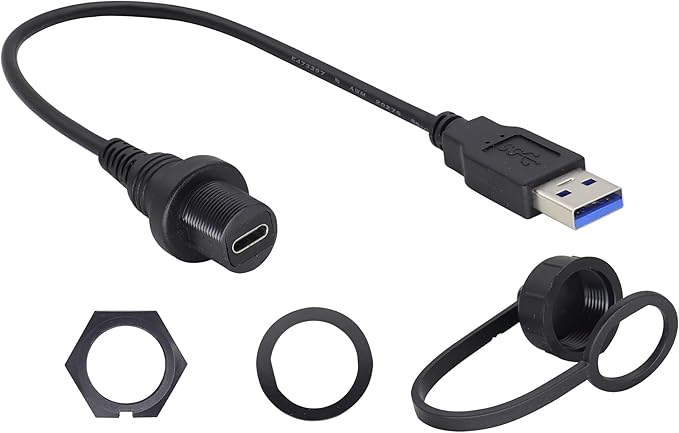 zdyCGTime Small Type C 3.0 Female to USB 3.0 A Male Car Flush Mount Cable USB A to USB Type C Waterproof Panel Mount Extension Cable, for Car Boat Truck Yacht Motorcycle.(30CM/1Ft)