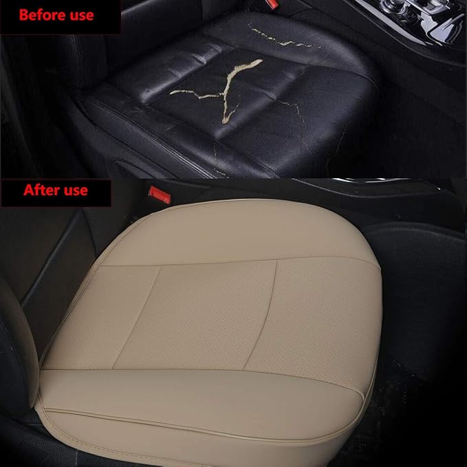 Car Seat Cushions Cover, 2pcs PU Leather Car Seat Covers Car Seat Protector Cover for Car Driver and Passenger Seat Bottom (Width 20.8×deep 21×Thick 0.35 inch)(Beige-B)
