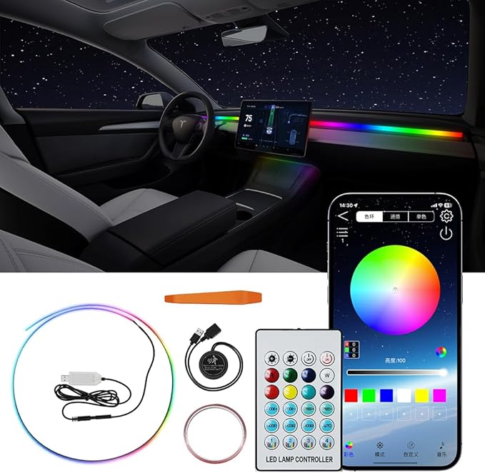 for Tesla Model 3 Y LED Dashboard Ambient Lighting Interior Lights Neon Light Kits 2025 2024 2023 2022 2021 Accessories Accessory RGB Dreamcolor, App & Remote & USB Hub, DC 12V