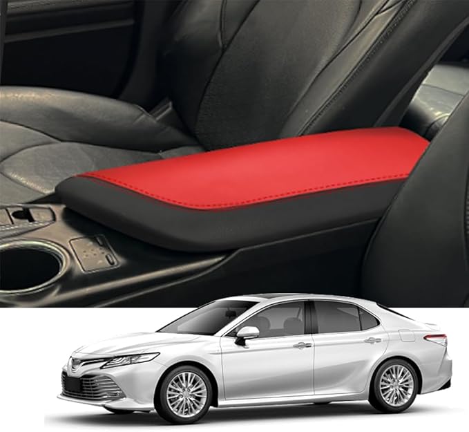 Blazeray Car Center Console Armrest Cover for Toyota Camry 2018-2023 Interior Accessories Leather Anti-Scratch Elbow Arm Rest Cover Cushion Pad Protector Saver (Black with Red Leather)