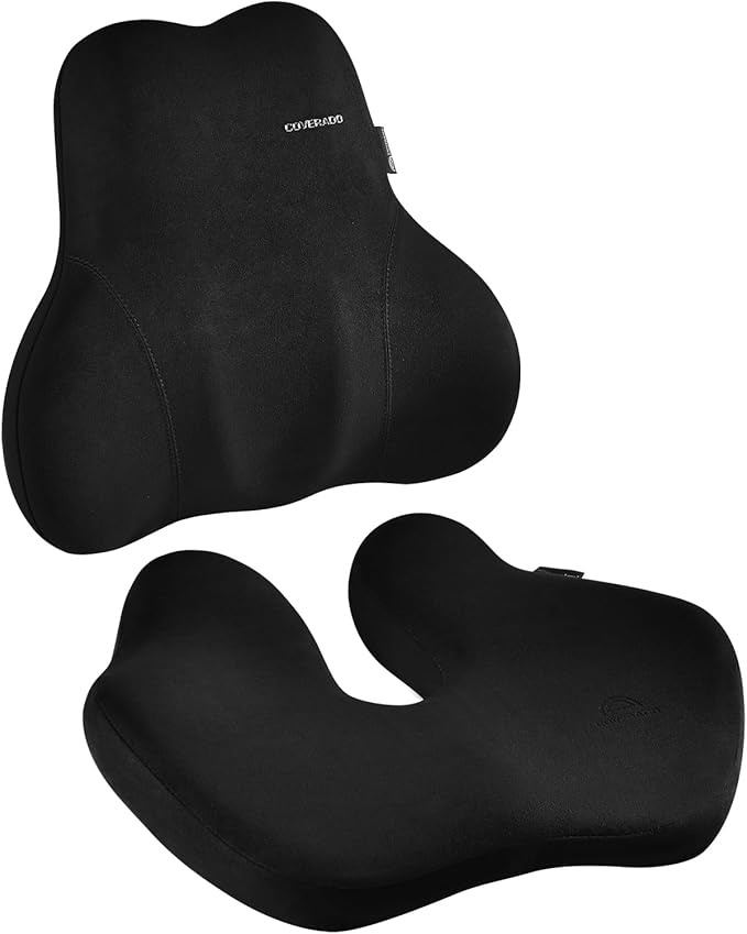 Coverado Memory Foam Car Seat Cushion and Lumbar Support Pillow for Car, Ergonomic Office Chair Cushion for Lower Back Pain Relief, Breathable & Non-Slip for Car, Home, and Office Use, Black