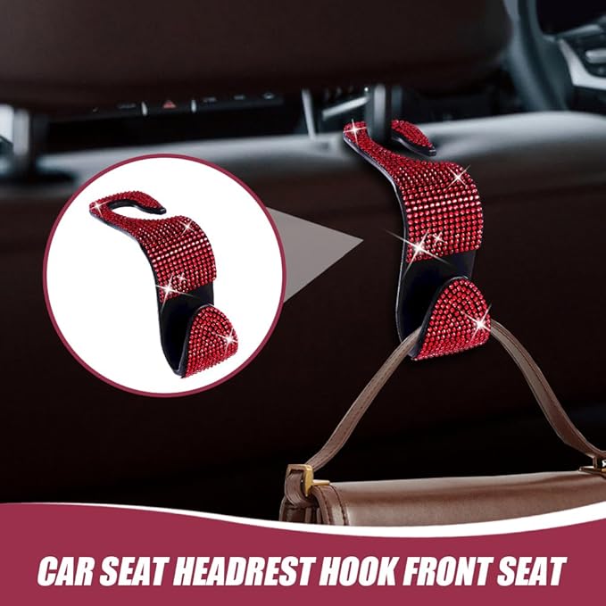 2 Pack Car Seat Headrest Hooks, Bling Car Organizer Hanger Storage Hooks for Bags, Clothes, Coats, Grocery Bags (Red)