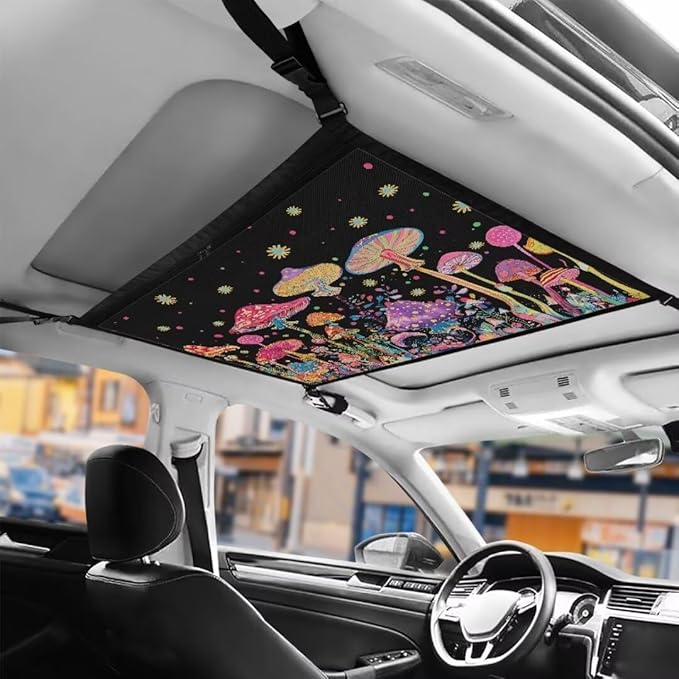 Car Roof Storage Bag Colorful Mushroom Print Hanging Car Storage Bag Multi-Purpose Car Bag Storage Box Organizer Pouch Pocket One-Size-Fits Car Travel Accessories