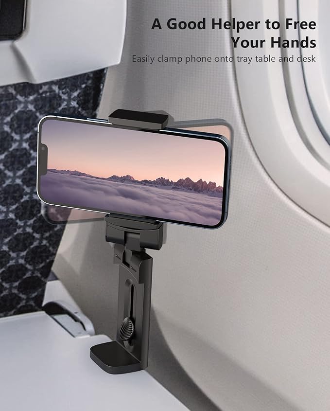 MiiKARE Travel Essentials Airplane Phone Holder, Universal Handsfree Phone Mount for Flying with 360 Degree Rotation, Travel Must Haves Phone Stand for Desk, Tray Table, Black&Purple