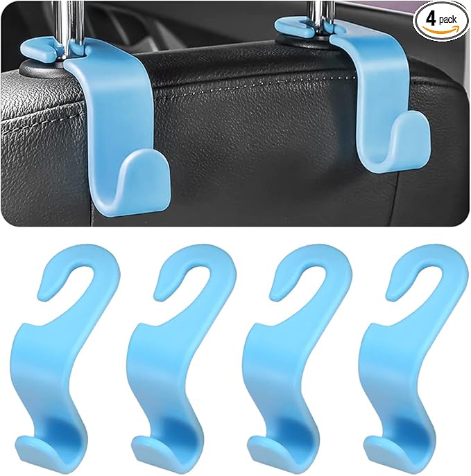 Car Back Seat Headrest Hooks, 4PCS Vehicle Backseat Storage Organizer Hanger, Multifunctional Auto Headrest Hidden Hook Universal for Handbag Purse Backpacks Bags (Light Blue)