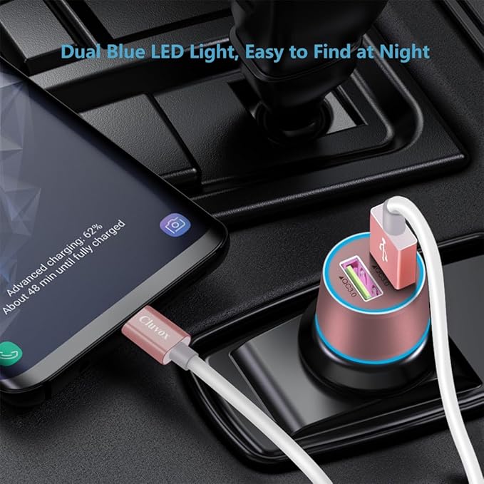 Fast USB Car Charger for Samsung Galaxy A56/A55/A54/A53/A50/A17/A16/A15/A14/S26/S25/S24/S23/S22 Plus/Ultra/Note 20/A21/A31/A51 Quick Charge 3.0 Dual USB Rapid Car Charger with Type C Cable 3.3ft-Pink