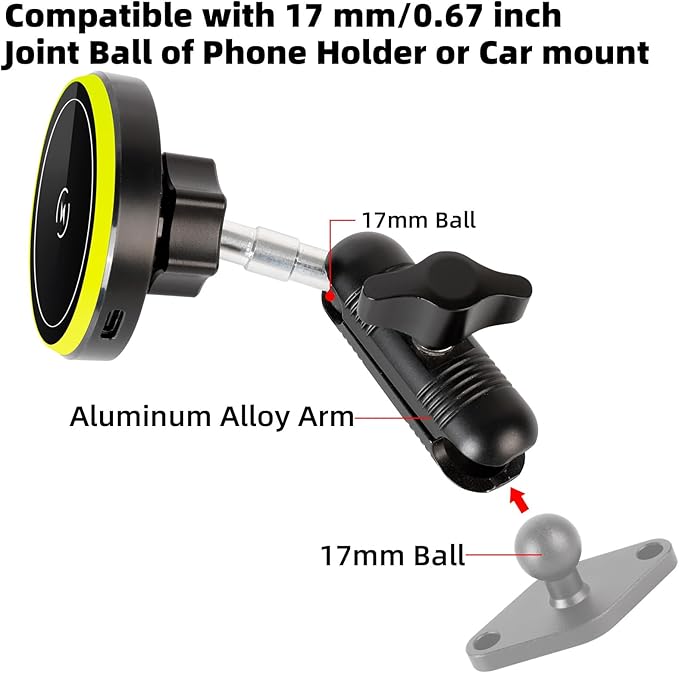 15W Magnetic Wireless Charging Phone Mount with Aluminum Double Socket Arm & 17mm/0.67" Ball -Replacement Base for Car Air Vent, Dashboard, Windshield Holder, Compatible with MagSafe iPhone