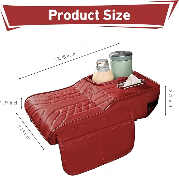 Car Center Console Booster Cover, Multifunctional Car Interior Arm Rest Box Storage Cushion with Cup Holder, Tissue Box, Side Pockets, Leather Memory Foam Armrest Pillow Protection (Red)