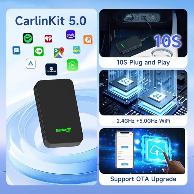 CarlinKit 5.0 Wireless CarPlay/Android Auto Adapter USB for Factory Wired Cars (Model Year: 2015 to 2026), Convert Wired Apple CarPlay & Android Auto to Wireless Dongle, Fit in-Dash Navigation