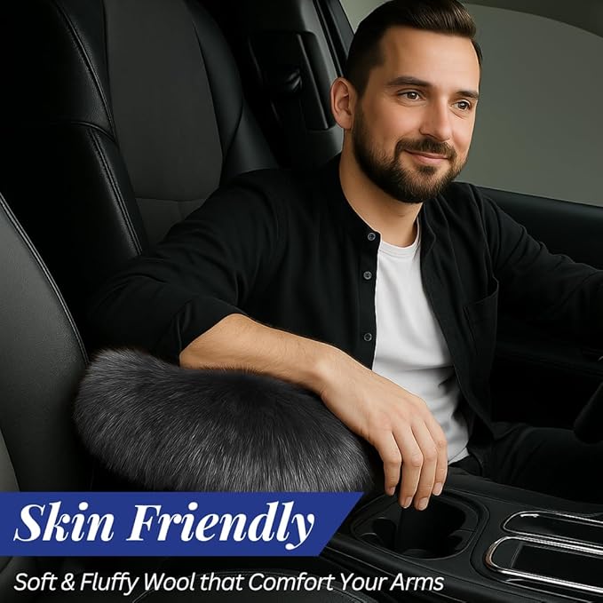 Andalus Brands Pure Australian Sheepskin Fluffy Car Center Console Cover, Luxurious Non-Shedding Furry Arm Rest Cover for Car, Versatile for All Seasons, Charcoal Grey - (11.47" X 6.3")