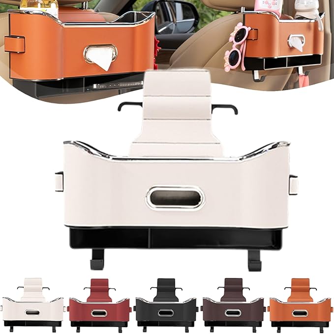 Multifunctional Car Seat Back Storage Box, Multifunctional Car Logo Seat Back Storage Box, Universal back seat car organizer, Car Tissue Organizer Back Seat with 2 Drink Cup Holder (White)