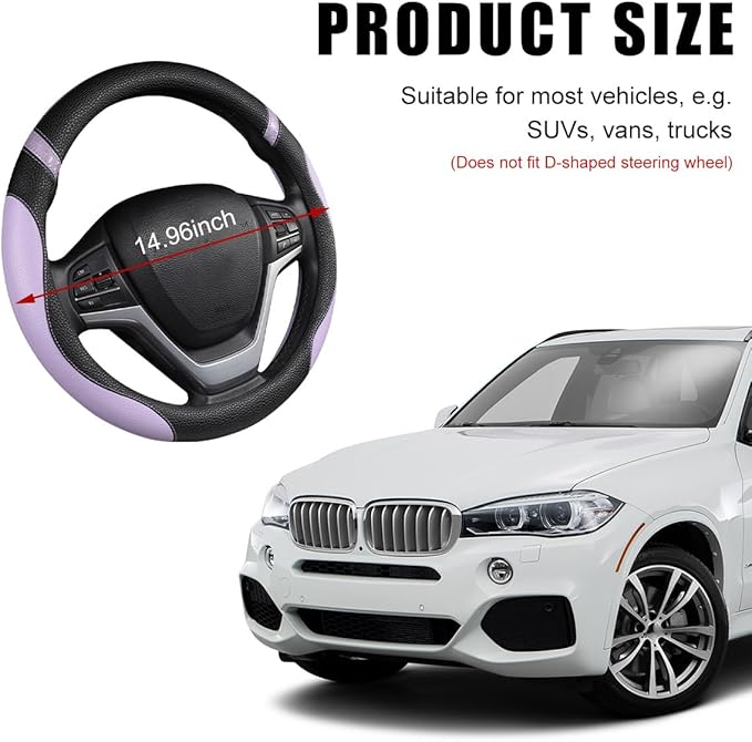Car Steering Wheel Cover, Non-Slip Leather Auto Steering Wheel Protector, Comfortable Steering Wheel Cover Protector for Most Cars, Universal Interior Car Accessories (Purple)