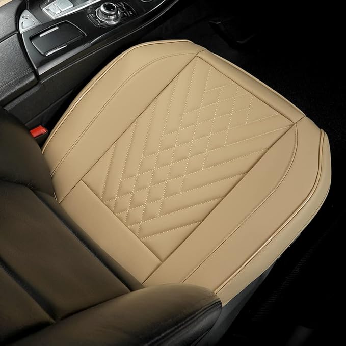 GIANT PANDA 1pack Front Car Seat Cover Bottom Seat Cover, PU Leather Driver Car Seat Protector Fits 95% of Vehicles, Wrapping Around The Bottom (Beige)