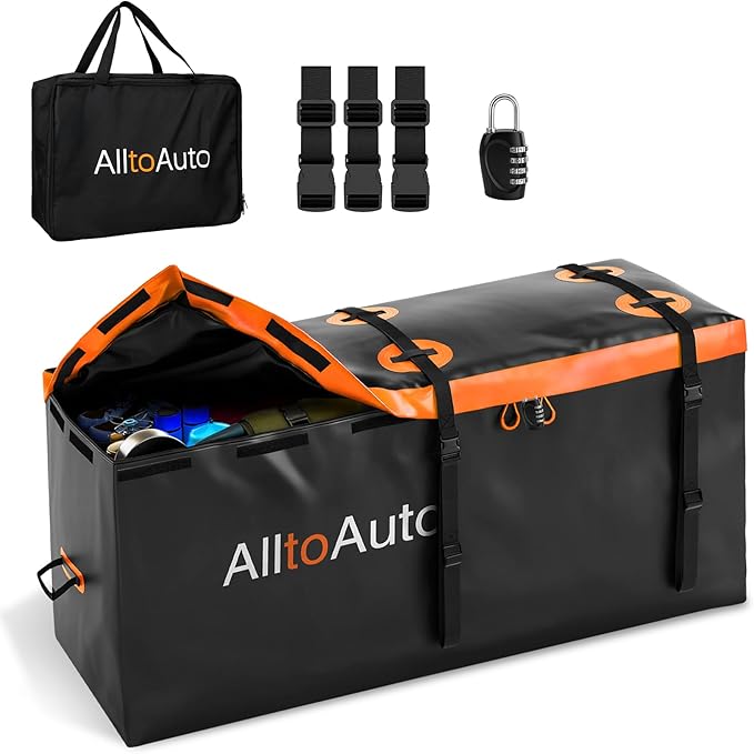 30 CuFt Waterproof Cargo Bag for Hitch Carrier | 60"x24"x36" Trailer Hitch Cargo Carrier | Weatherproof Truck Bed Storage with Straps, Lock & Carry Case | PVC Vehicle Soft-Shell Carriers