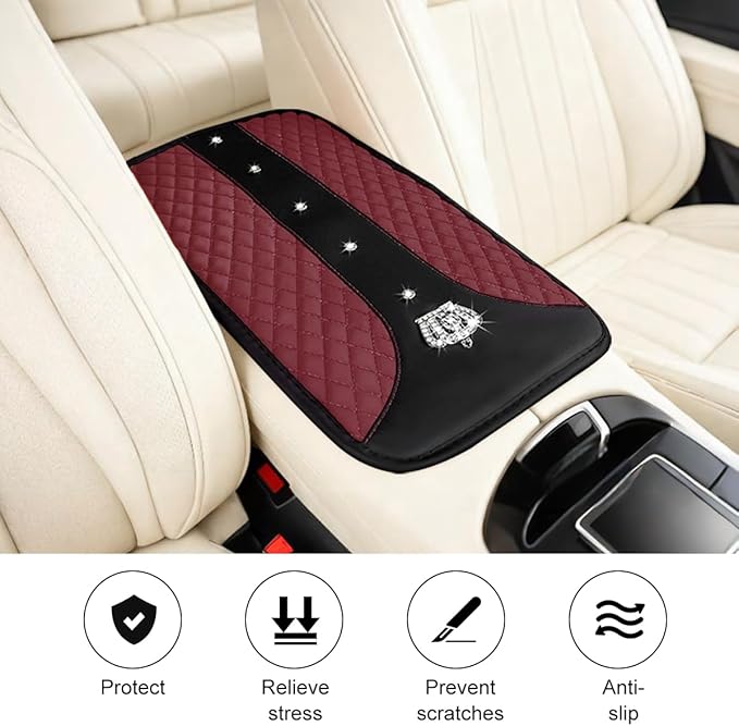 Bling Car Center Console Cover, Crown Crystal Rhinestones Vehicle Armrest Mat Protector, Anti Slip Sparkling Automotive Arm Rest Seat Box Cushion Pad Decor Accessories, Universal Fit (Wine Red)