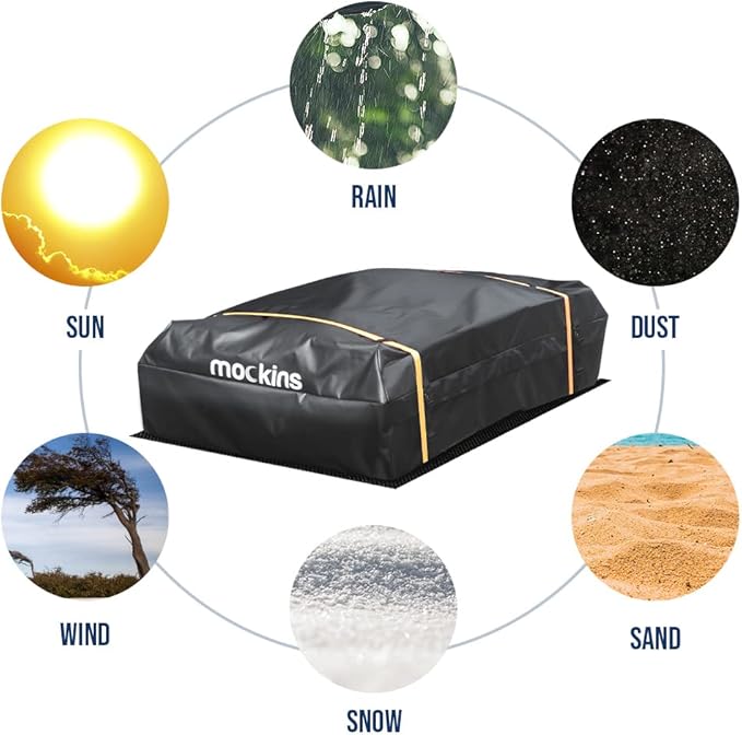 Mockins 25 CuFt Waterproof Rooftop Cargo Bag |60"x43"x17" All-Weather Car Roof Cargo Carrier Bag |Vinyl Car Roof Bag w/Mat, Straps & Door Hooks| Car Top Carrier for Vehicles with or Without Roof Rack