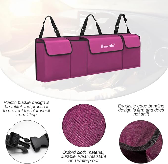 Hanemia Car Trunk Organizer, Backseat Hanging Storage with 4 Large Pockets, Collapsible Cargo Bag with Adjustable Straps Frees Trunk Floor, Sturdy Space Saving Expert for SUV, Truck, Van (Purple)