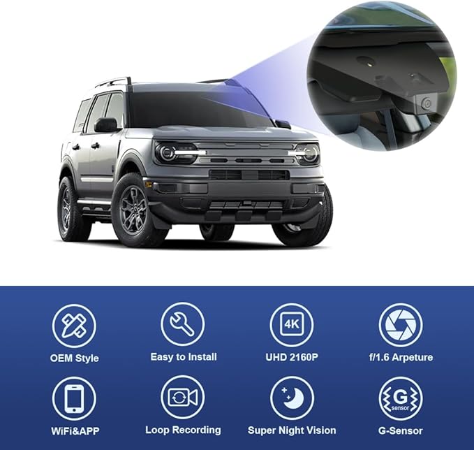 Fitcamx 4K Dash Cam Suitable for Ford Bronco Sport 2021-2025 (HD2-D5500), 5 Pin Plug, OEM Factory Look, UHD 2160P Video, Built-in WiFi & APP, Loop Recording G-Sensor, Plug & Play, 64GB Card