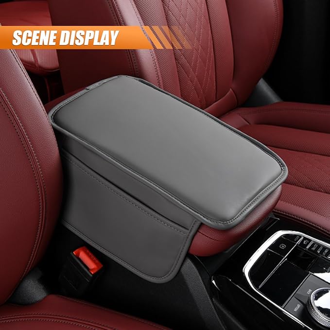 Car Center Console Cover, Leather Waterproof Auto Arm Rest Pad with Storage Bag, Scratch Resistant Middle Console Protector, Comfortable Vehicle Interior Accessories for Sedan SUV (Grey)