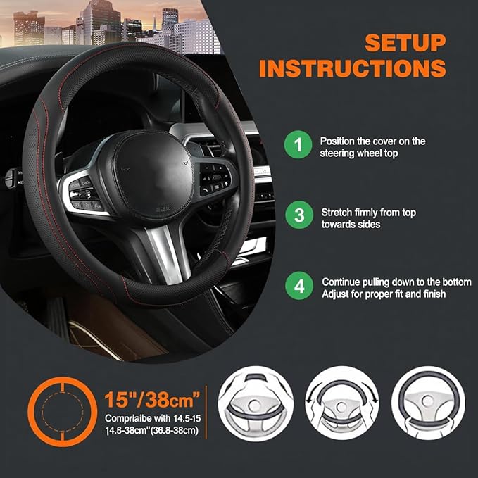 HZEL Car Steering Wheel Cover, 15 Inch Leather Comfortable Vehicle Steering Wheel Protector with Inner Rring, Anti-Slip Automotive Interior Accessories, Universal for SUV RV Truck (Black/Red)